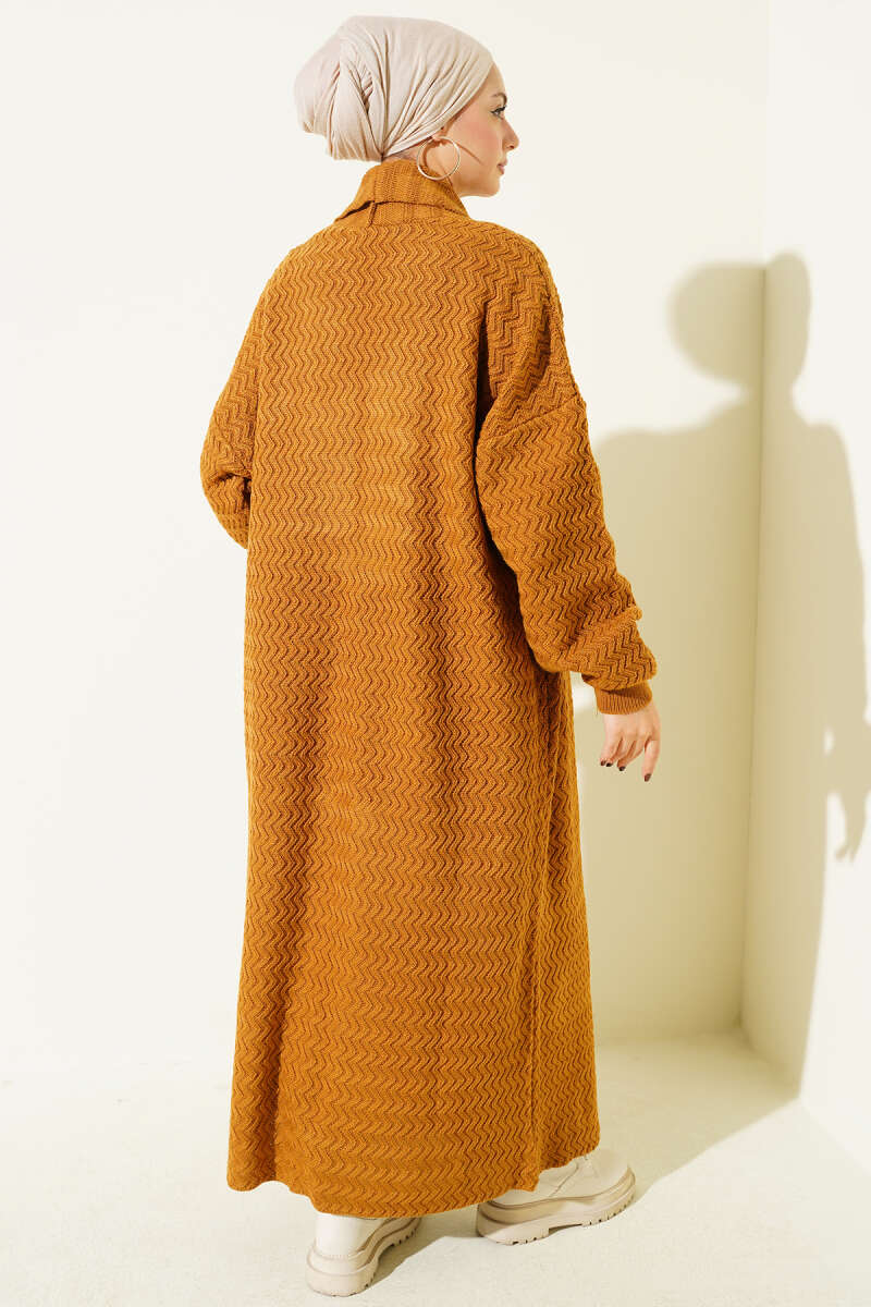 Zigzag Kabartmalı Triko Uzun Hırka hardal