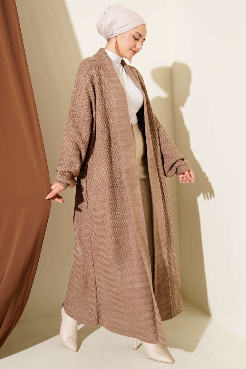 Zigzag Kabartmalı Triko Uzun Hırka vizon