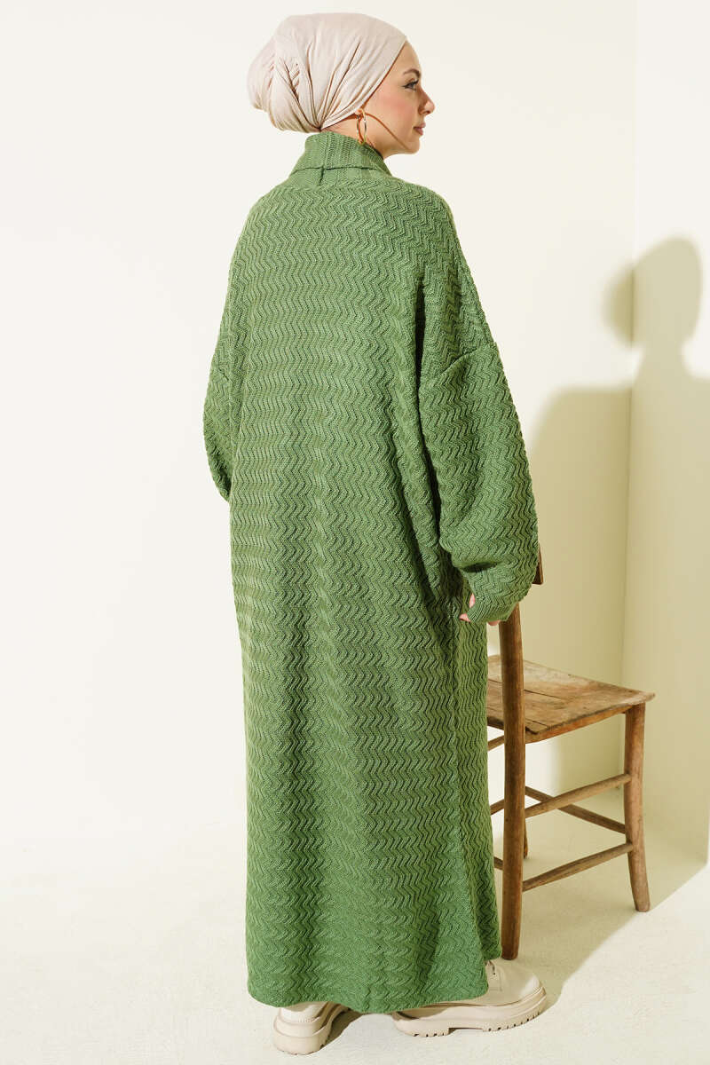 Zigzag Kabartmalı Triko Uzun Hırka yesil