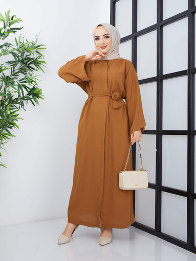Abaya-Kleid mit Gürtel Camel - Thumbnail
