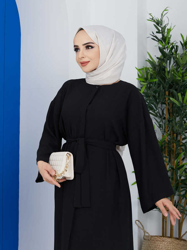Abaya-Kleid mit Gürtel Schwarz - Thumbnail