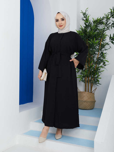 Abaya-Kleid mit Gürtel Schwarz - Thumbnail