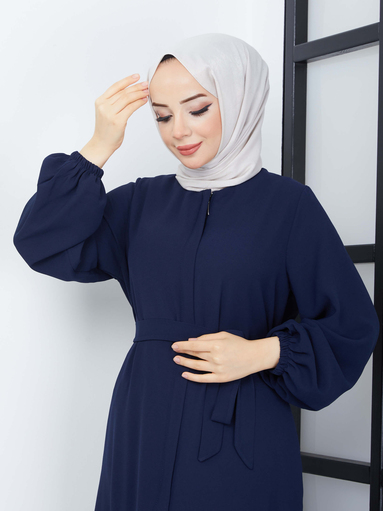 Abaya mit Gürtel - Marineblau - Thumbnail