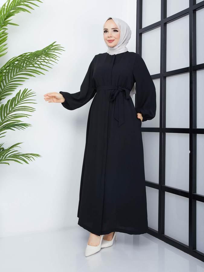 Abaya mit Gürtel - Schwarz