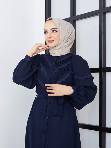 Abaya en dentelle bleu marine - Thumbnail