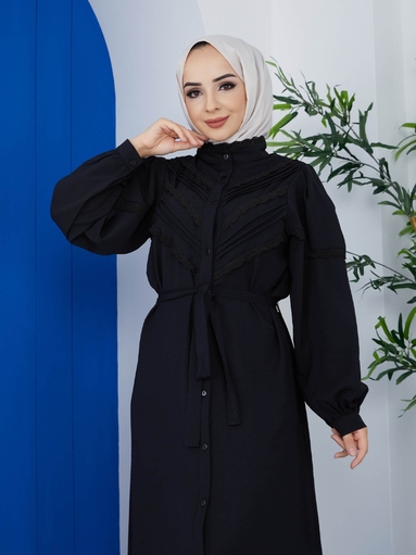 Abaya en dentelle noir - Thumbnail
