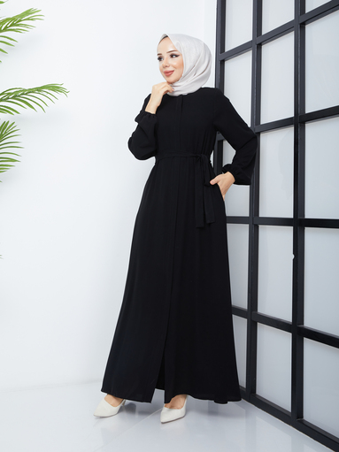 Abaya Hijab avec ceinture - Noir - Thumbnail