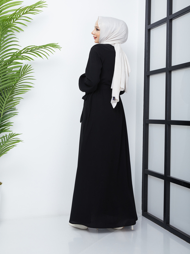Abaya Hijab avec ceinture - Noir - Thumbnail