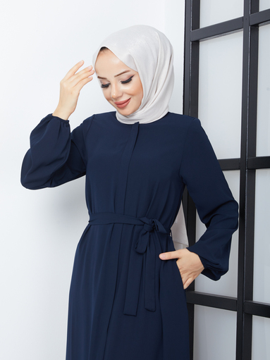 Abaya Hijab Ceinturée à la Taille - Bleu Marine - Thumbnail