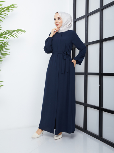 Abaya Hijab Ceinturée à la Taille - Bleu Marine - Thumbnail