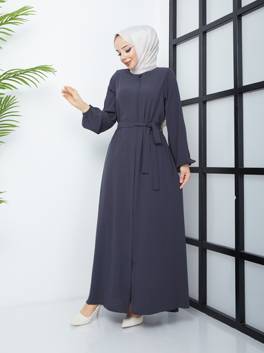 Abaya Hijab Ceinturée à la Taille - Gris - Thumbnail