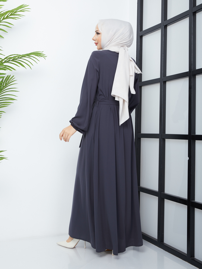 Abaya Hijab Ceinturée à la Taille - Gris