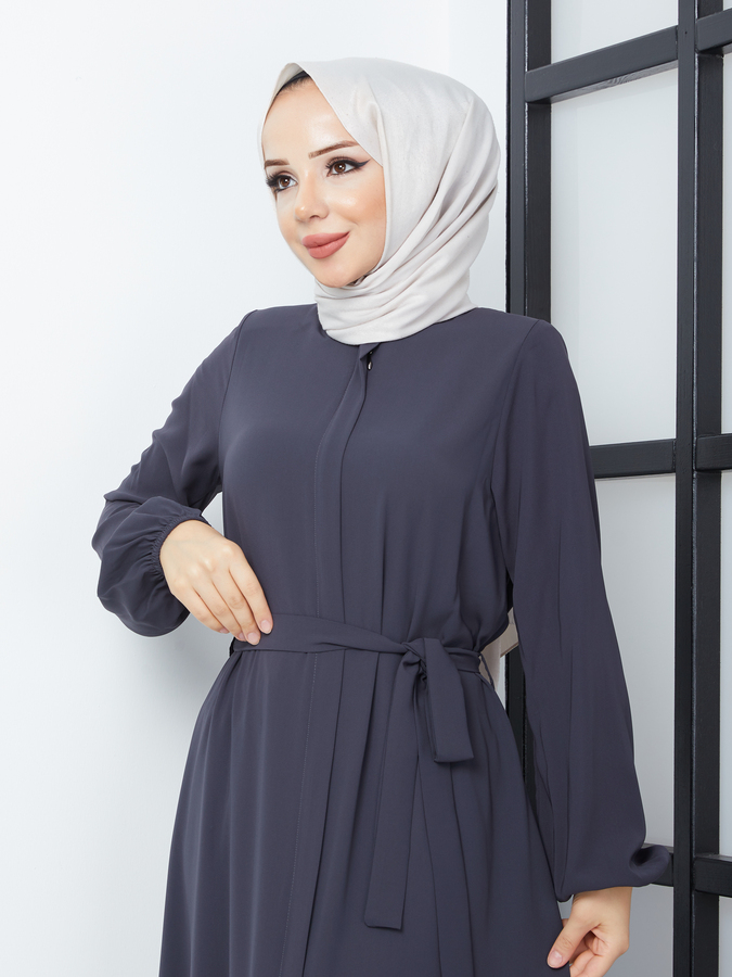 Abaya Hijab Ceinturée à la Taille - Gris