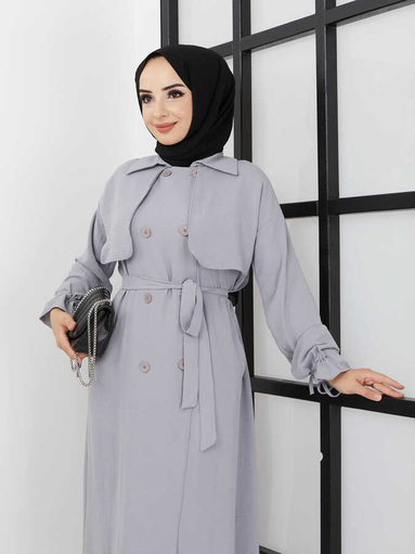 Abaya mit Gürtel - Grau - Thumbnail