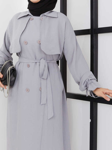 Abaya mit Gürtel - Grau - Thumbnail