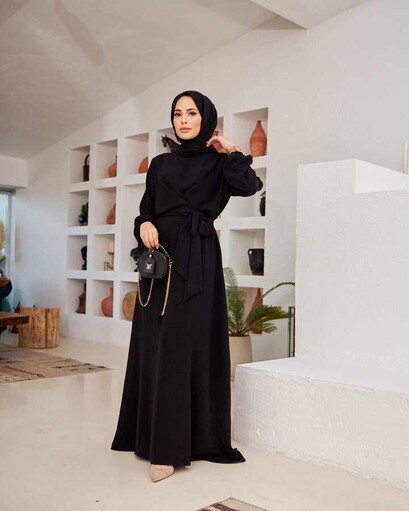 Ayrobin Kumaş Beli Kemerli Elbise Siyah - Thumbnail