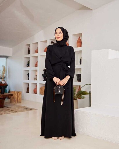 Ayrobin Kumaş Beli Kemerli Elbise Siyah - Thumbnail