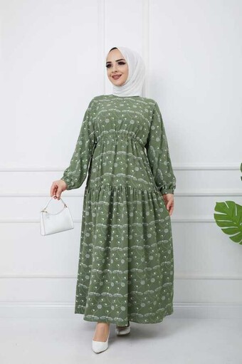Bedrucktes Hijab-Kleid Grün - Thumbnail