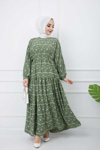 Bedrucktes Hijab-Kleid Grün - Thumbnail