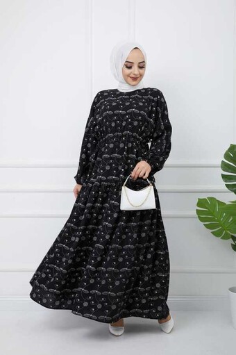 Bedrucktes Hijab-Kleid Schwarz - Thumbnail