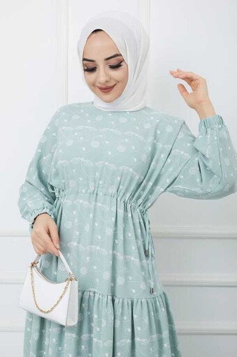 Bedrucktes Hijab-Kleid Wasser Grün - Thumbnail