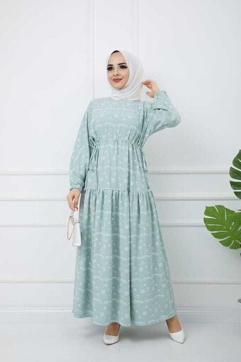 Bedrucktes Hijab-Kleid Wasser Grün - Thumbnail