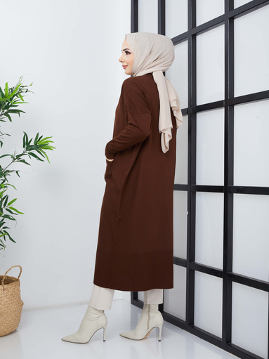 Cardigan long en maille Hijab avec poches - Marron - Thumbnail