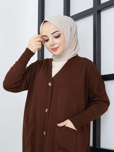 Cardigan long en maille Hijab avec poches - Marron - Thumbnail