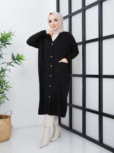 Cardigan long en maille Hijab avec poches - Noir - Thumbnail