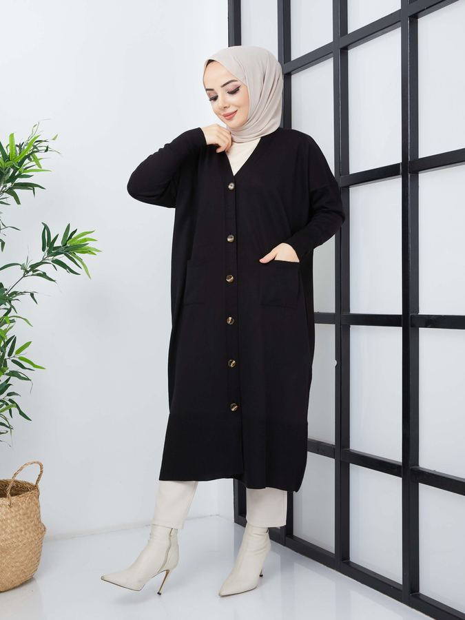 Cardigan long en maille Hijab avec poches - Noir