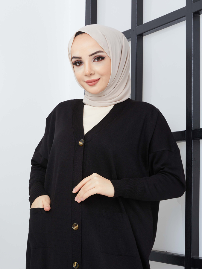 Cardigan long en maille Hijab avec poches - Noir