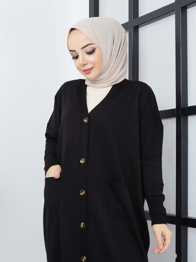 Cardigan long en maille Hijab avec poches - Noir - Thumbnail
