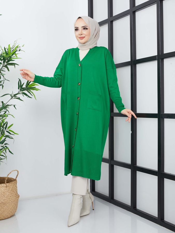 Cardigan long en maille Hijab avec poches - Vert
