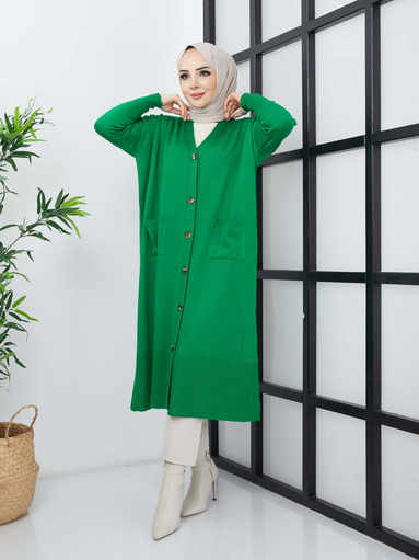 Cardigan long en maille Hijab avec poches - Vert - Thumbnail