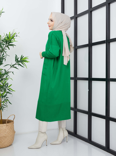 Cardigan long en maille Hijab avec poches - Vert - Thumbnail