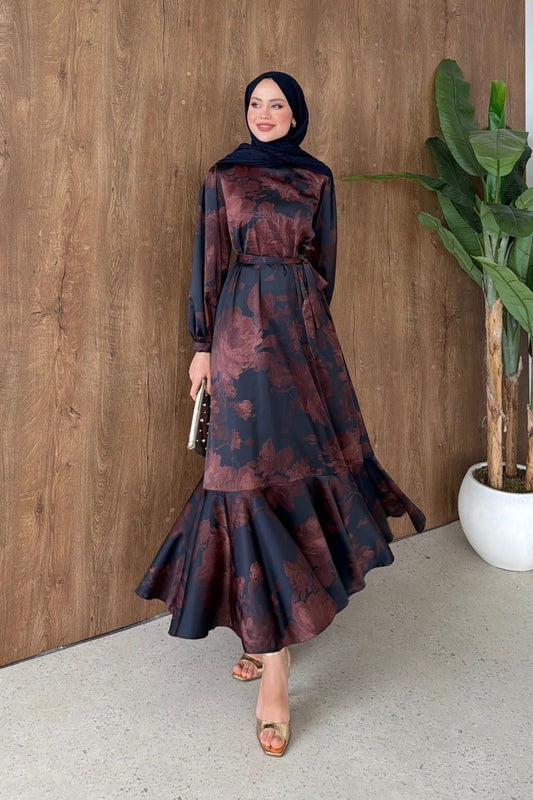 Desenli Saten Elbise Lacivert