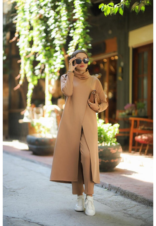 Boğazlı Tunik Pantolon Takım vizon