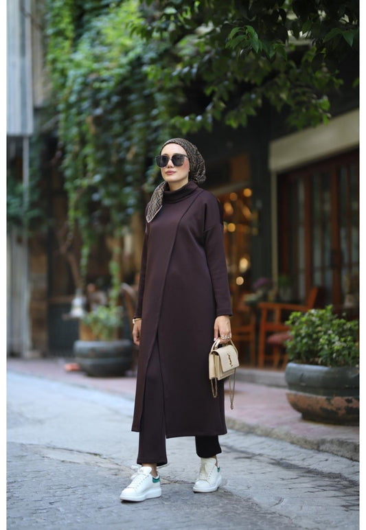 Boğazlı Tunik Pantolon Takım kahverengi