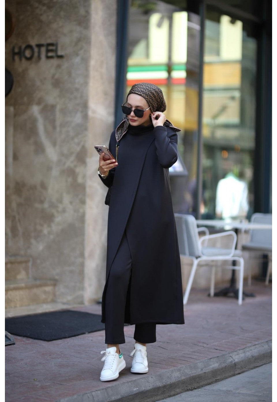 Boğazlı Tunik Pantolon Takım siyah