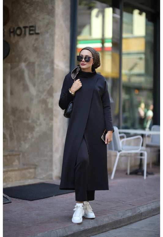 Boğazlı Tunik Pantolon Takım siyah