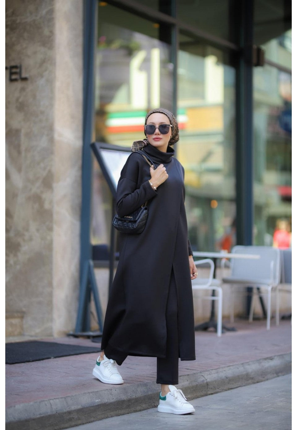 Boğazlı Tunik Pantolon Takım siyah