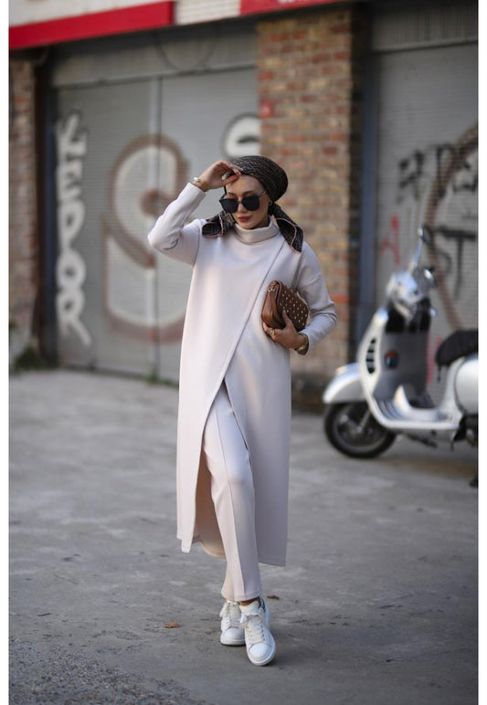 Boğazlı Tunik Pantolon Takım Taş