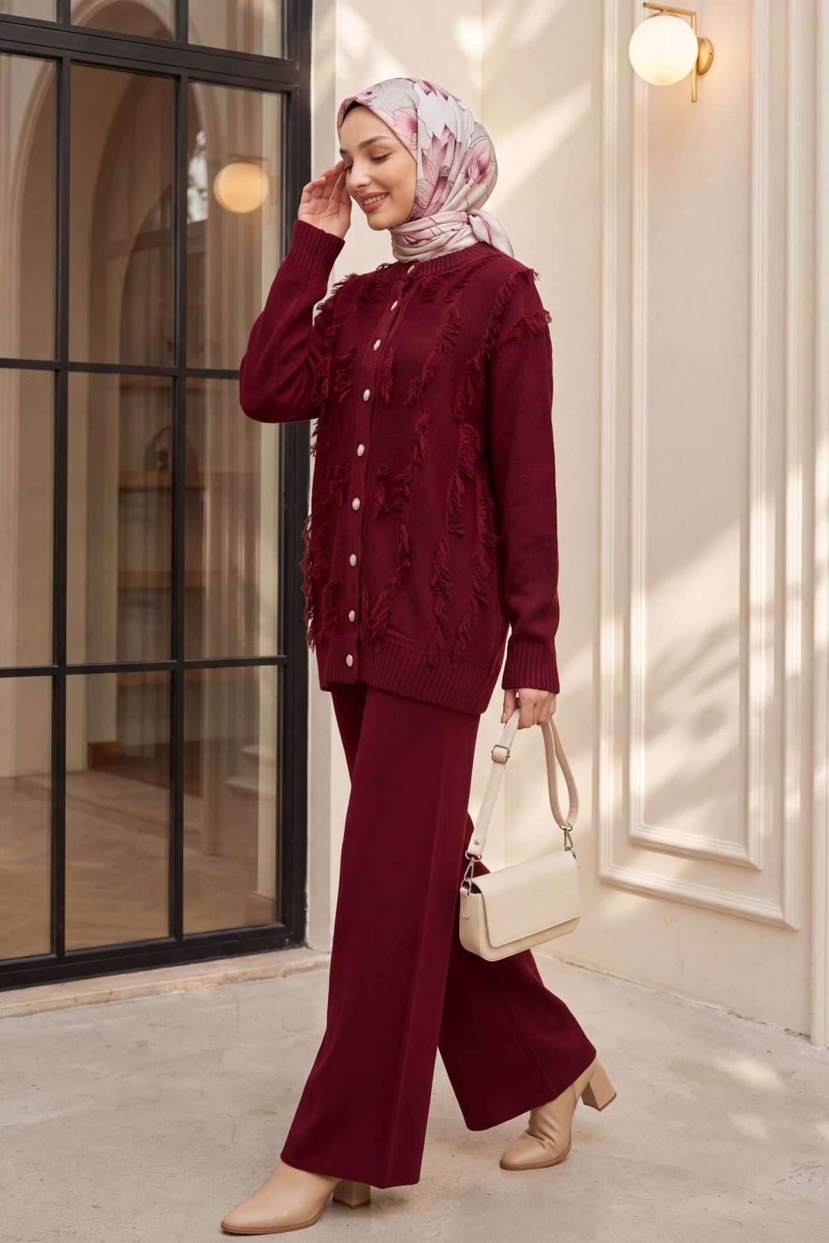 Önü Düğmeli Hırka Pantolon Triko Takım bordo