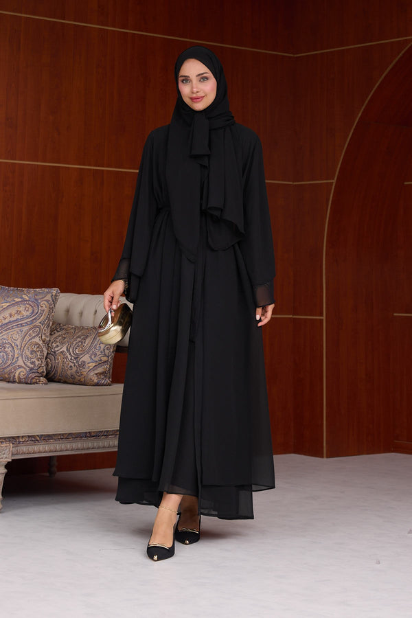 3'lü Eslem Tasarım Abaya Takım ( Abaya-Şal-İçlik ) siyah