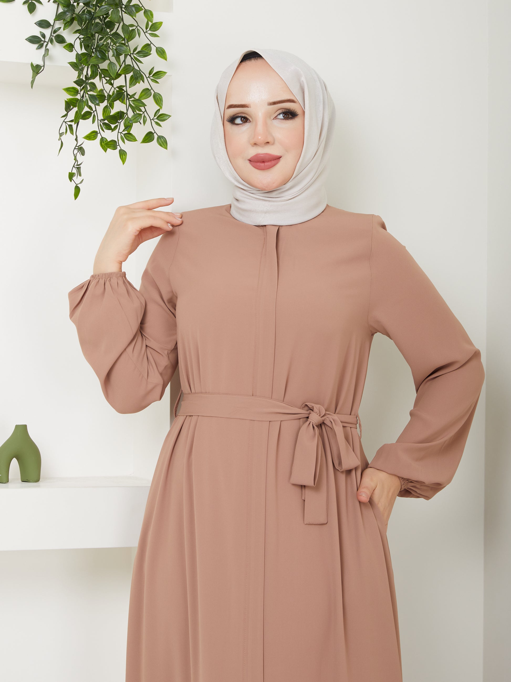 Waist Belted Casual Hijab Abaya - Beige Tesettur paris Waist Belted Casual Hijab Abaya - Beige Tesettur paris