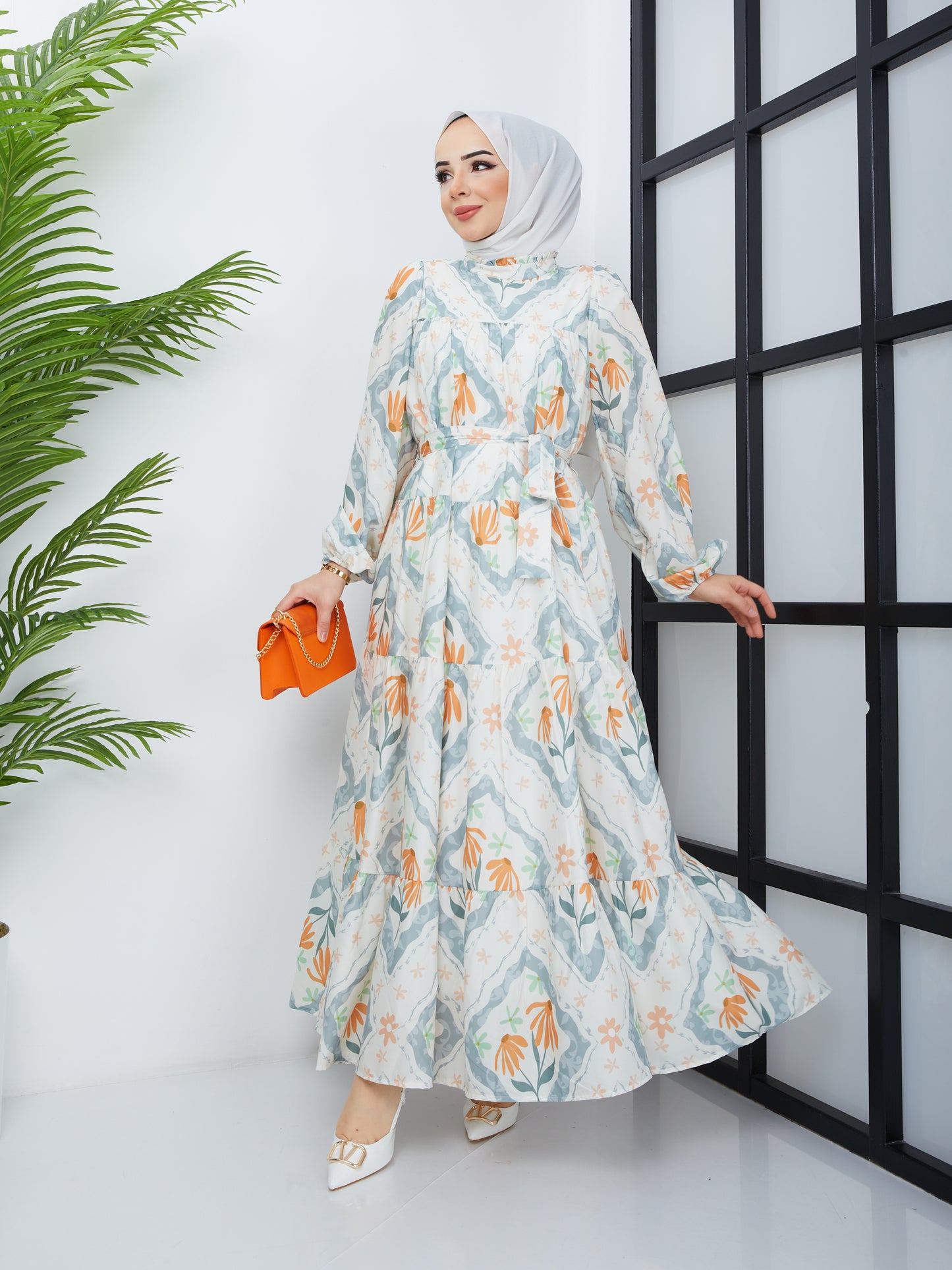 Robe Hijab à Motif Floral - Orange