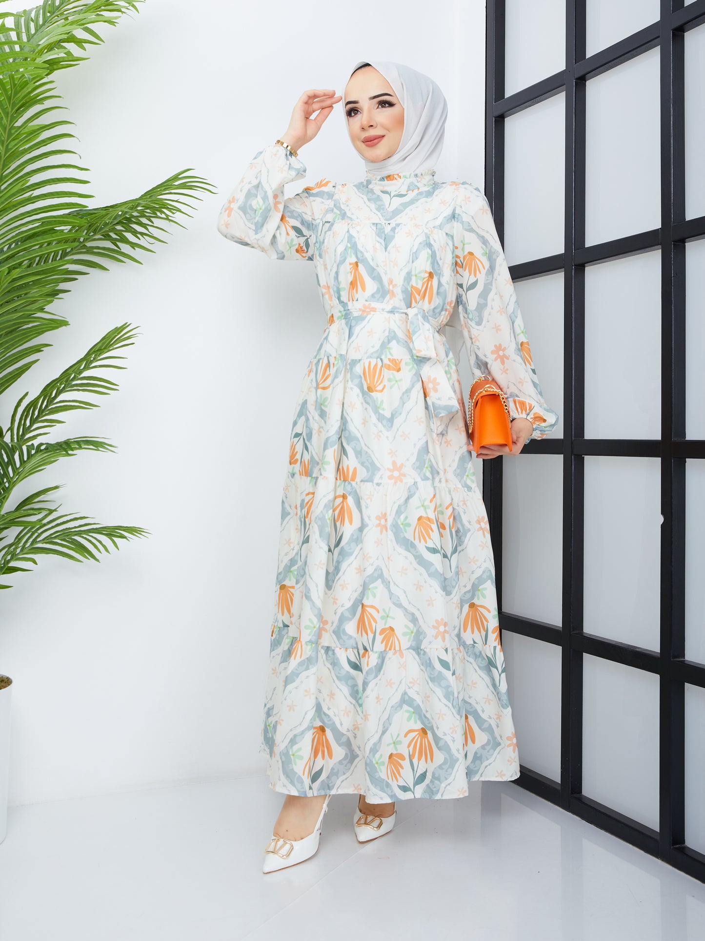 Robe Hijab à Motif Floral - Orange