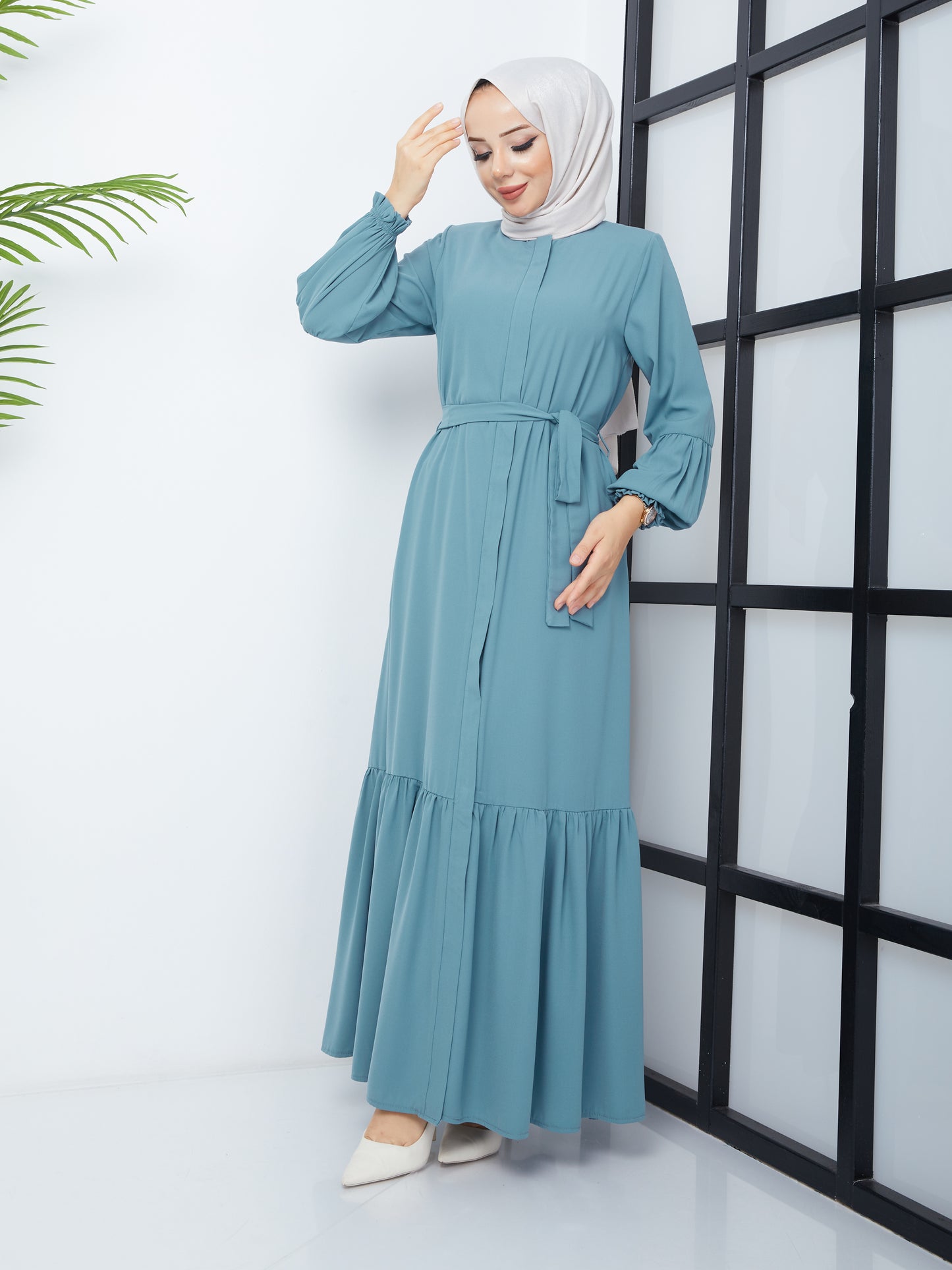 Hijab Abaya with Pleated Skirt - Mint