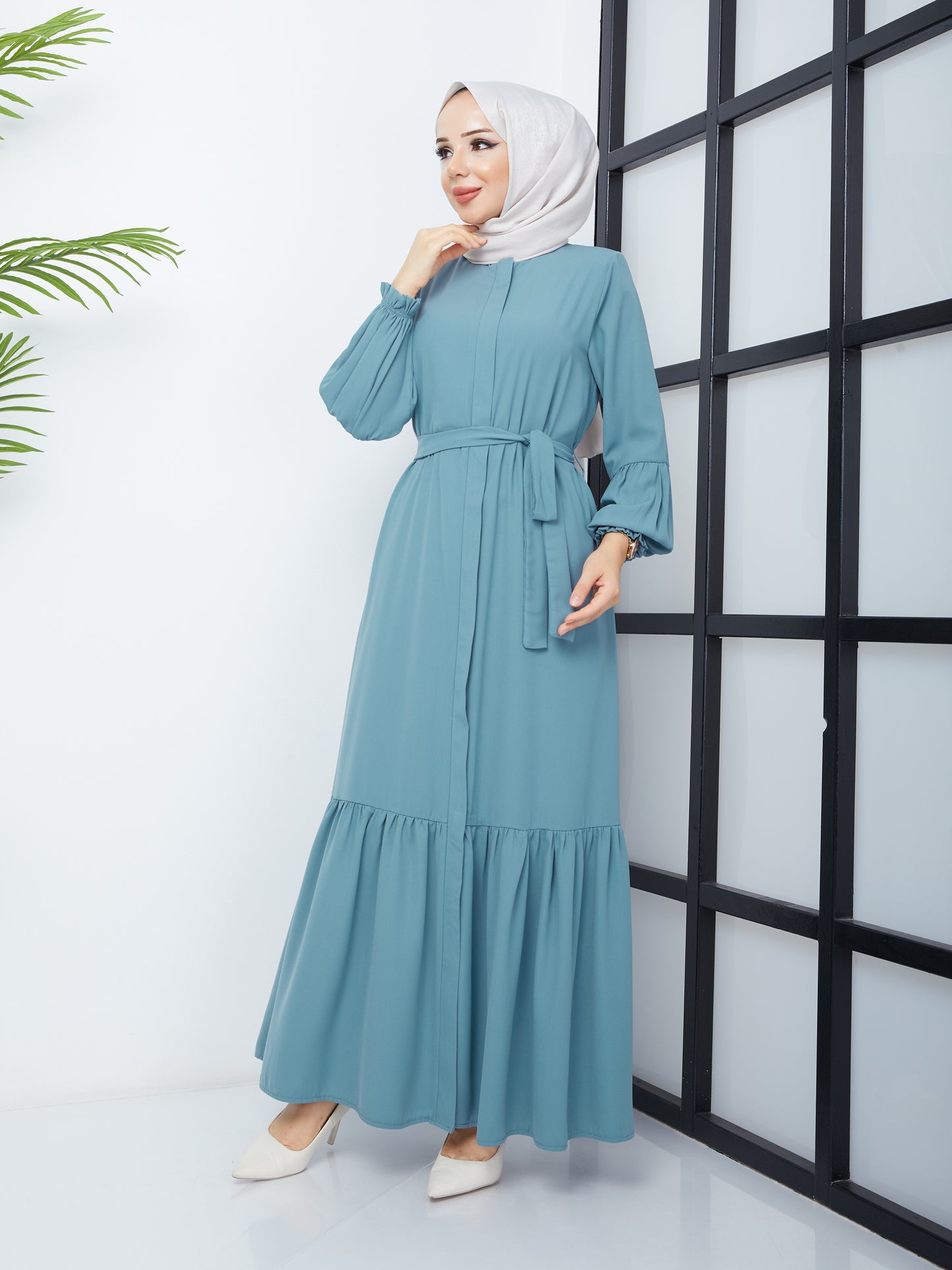 Hijab Abaya with Pleated Skirt - Mint