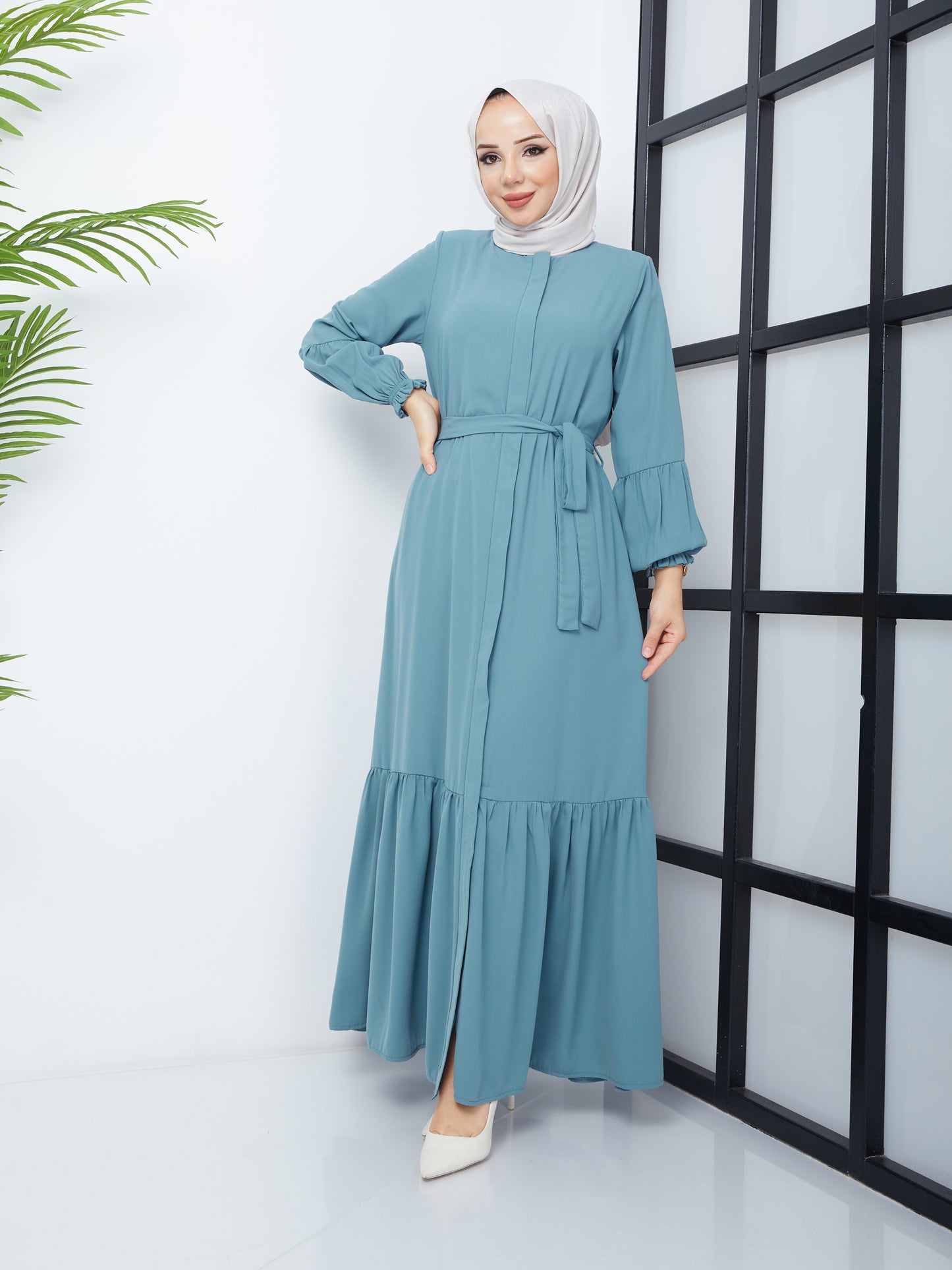 Hijab Abaya with Pleated Skirt - Mint